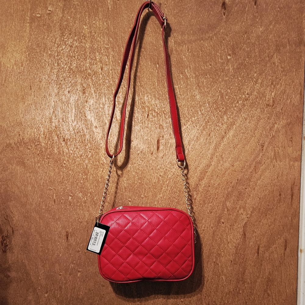 bebe Quilted Red Crossbody Bag with Gold Chain and Crystal Logo - Picture 6 of 16